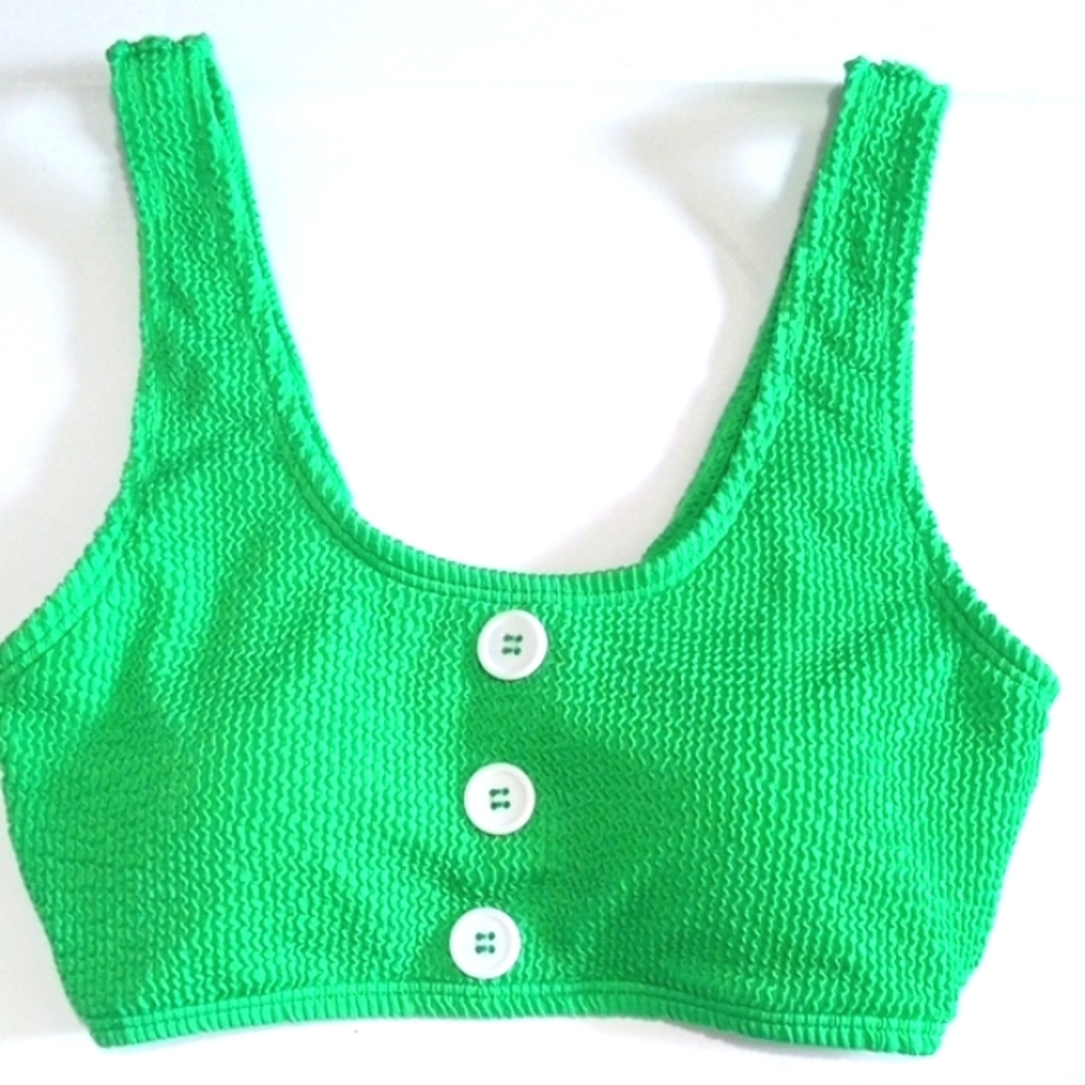 AGEETH GREEN WHITE BUTTON SLOPPED NECK CRINKLE BIKINI SWIM TANK SIZE SMALL NWT